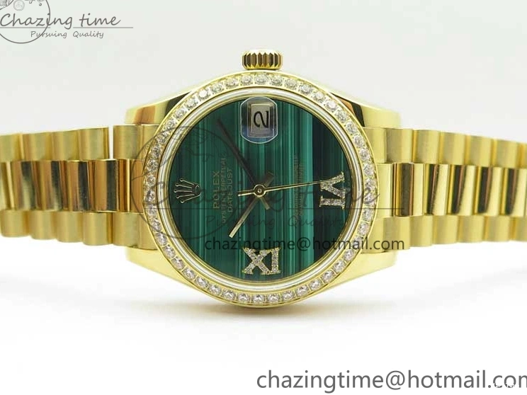 MiroTime 0408 Versatile Daydate 278288 31mm YG EWF Best Edition Green Malachite Dial Crystal Markers on YG President Bracelet ETA 2606